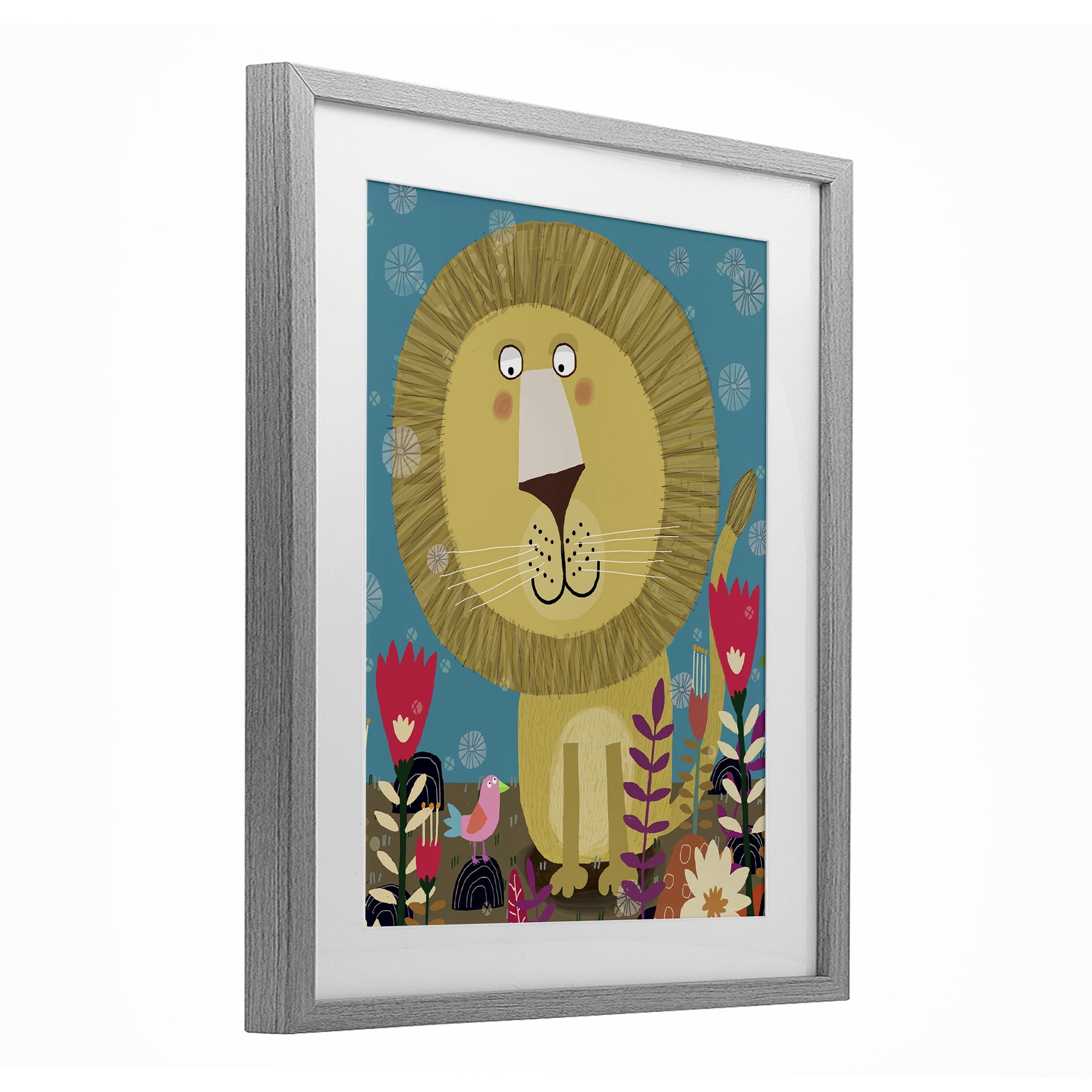 Stupell Industries Boho Lion & Flowers Gray Framed Print Under Glass, design by Carla Daly