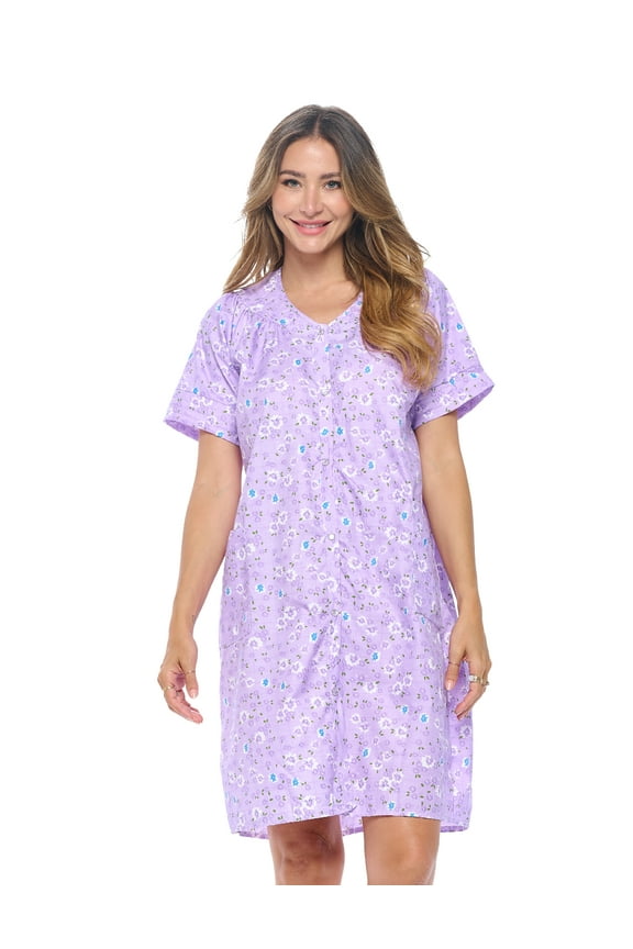 Women's Snap front House Dress Short Sleeve Woven Duster Housecoat Lounger Sleep Dress