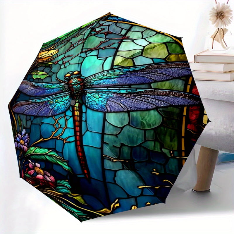 1 Dragonfly Colored Glass Pattern Umbrella - 8 Spokes, Automatic Open/Close, Windproof Portable Folding Sunshade with Vibrant Blue and Purple Dragonfly Design, D