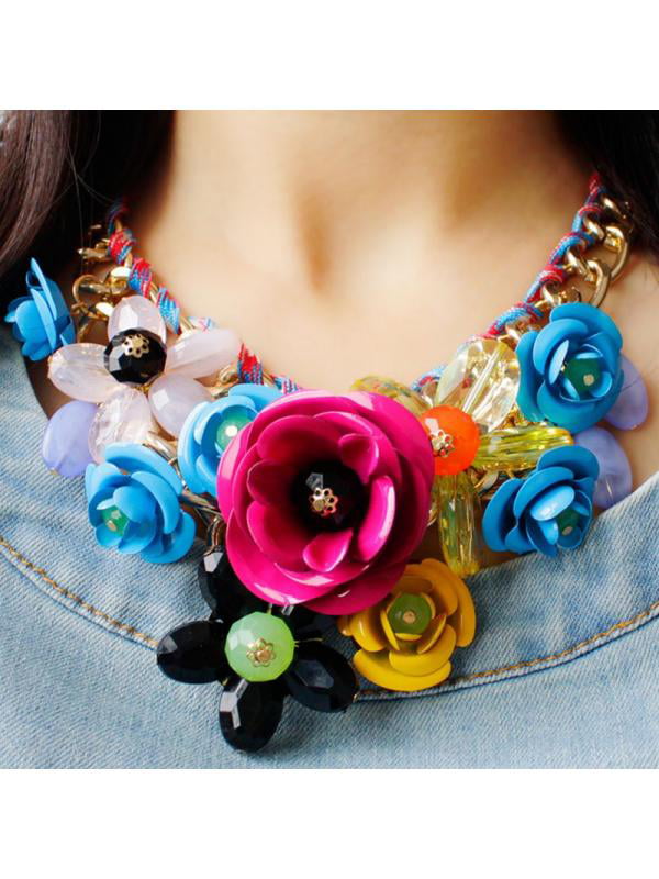 Women Fashion Crystal Flower Charm Choker Chunky Statement Bib Chain Necklace 