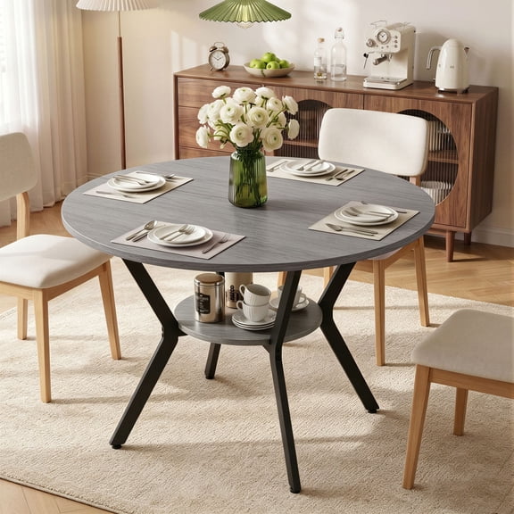 SmartMellow Round Dining Table with Storage Shelf 42.1 Inch for 4 People, Modern Gray Wood Top with Black Metal Frame, Small Space Kitchen Furniture