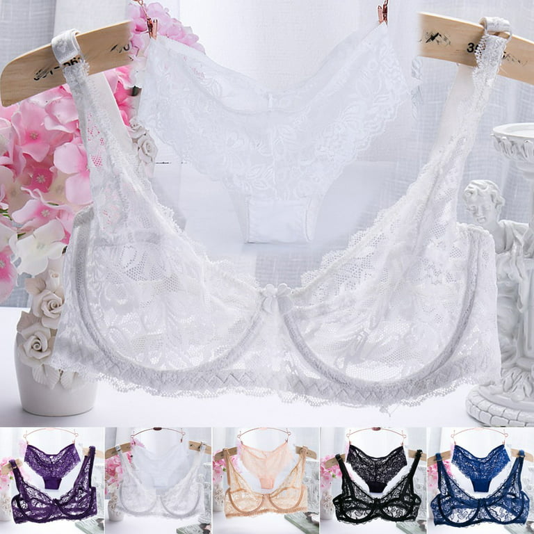 ALSLIAO Women Lace Embroidery Underwear Sexy 3/4 Cup Thin Transparent Bra  Panty Set White 40/90B 