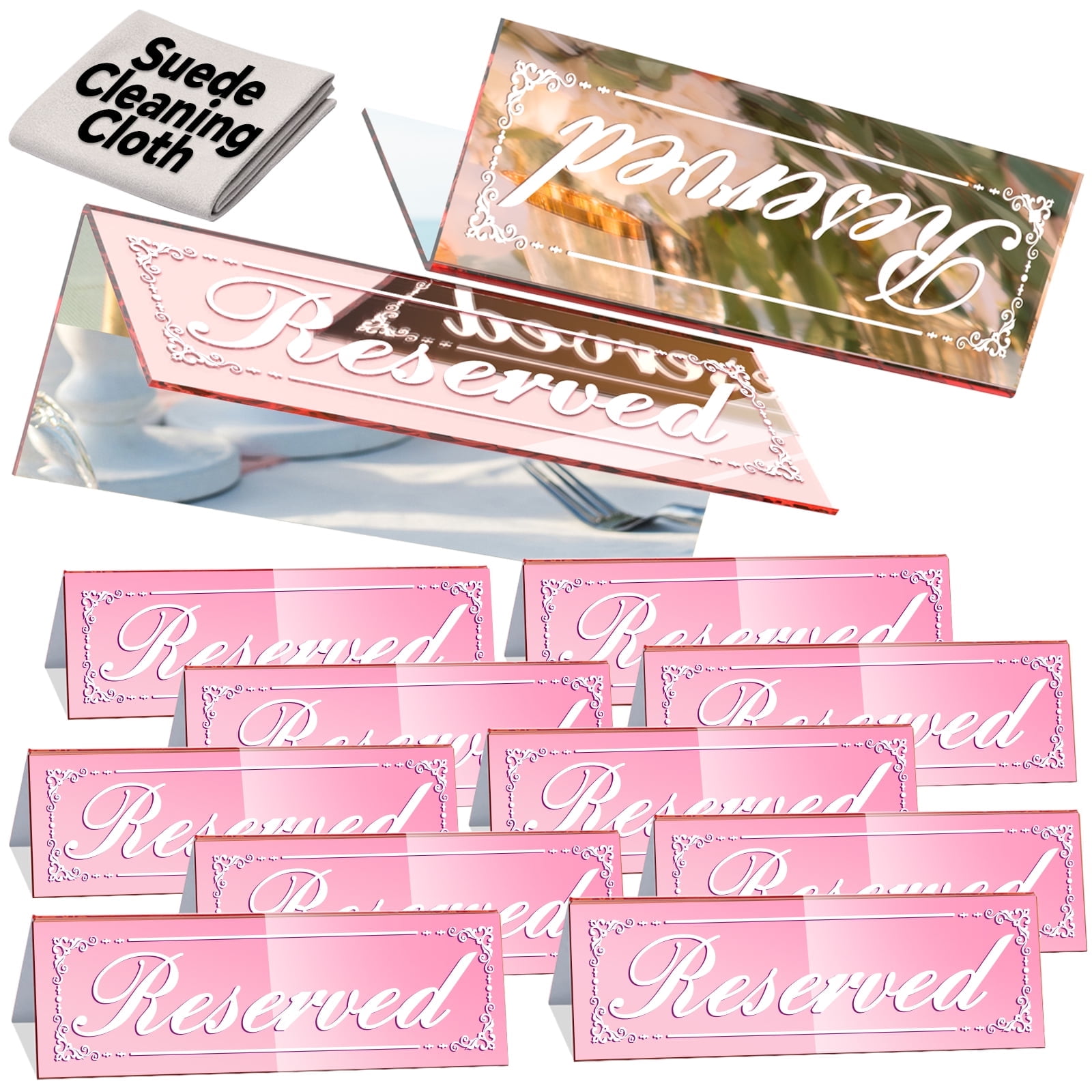 Framokoko 12 Pcs Mirrored Reserved Table Signs, Double Sided Table Tent Signs with Suede Cloth, Reservation Seat Indicators for Wedding Restaurant Ceremony Party Banquet (Rose Gold 6"x2")