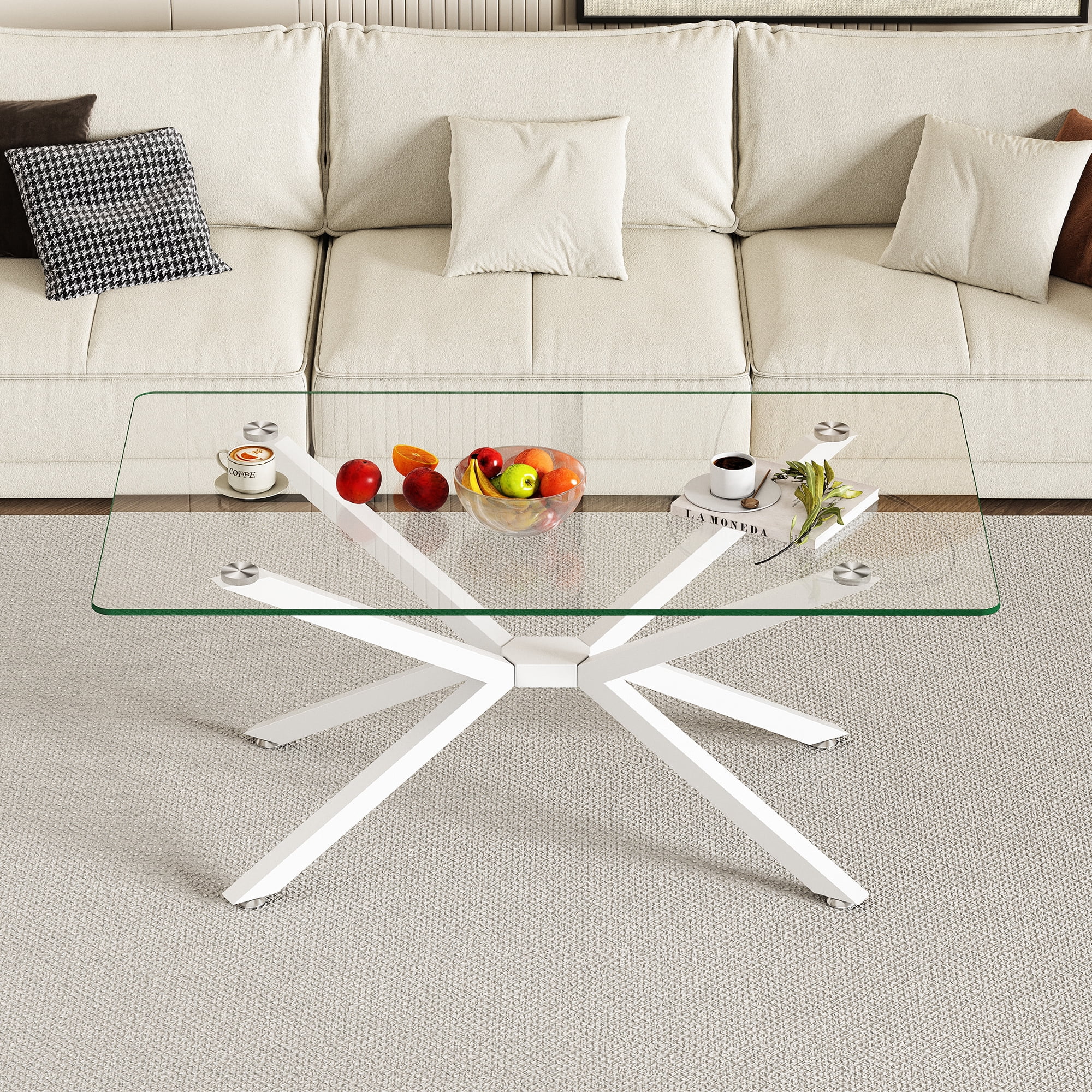 Rectangular Glass Coffee Table 39.37 Inch, Clear Tempered Glass Top with White Metal Legs for Living Room Office Center Table, Modern Minimalist Design