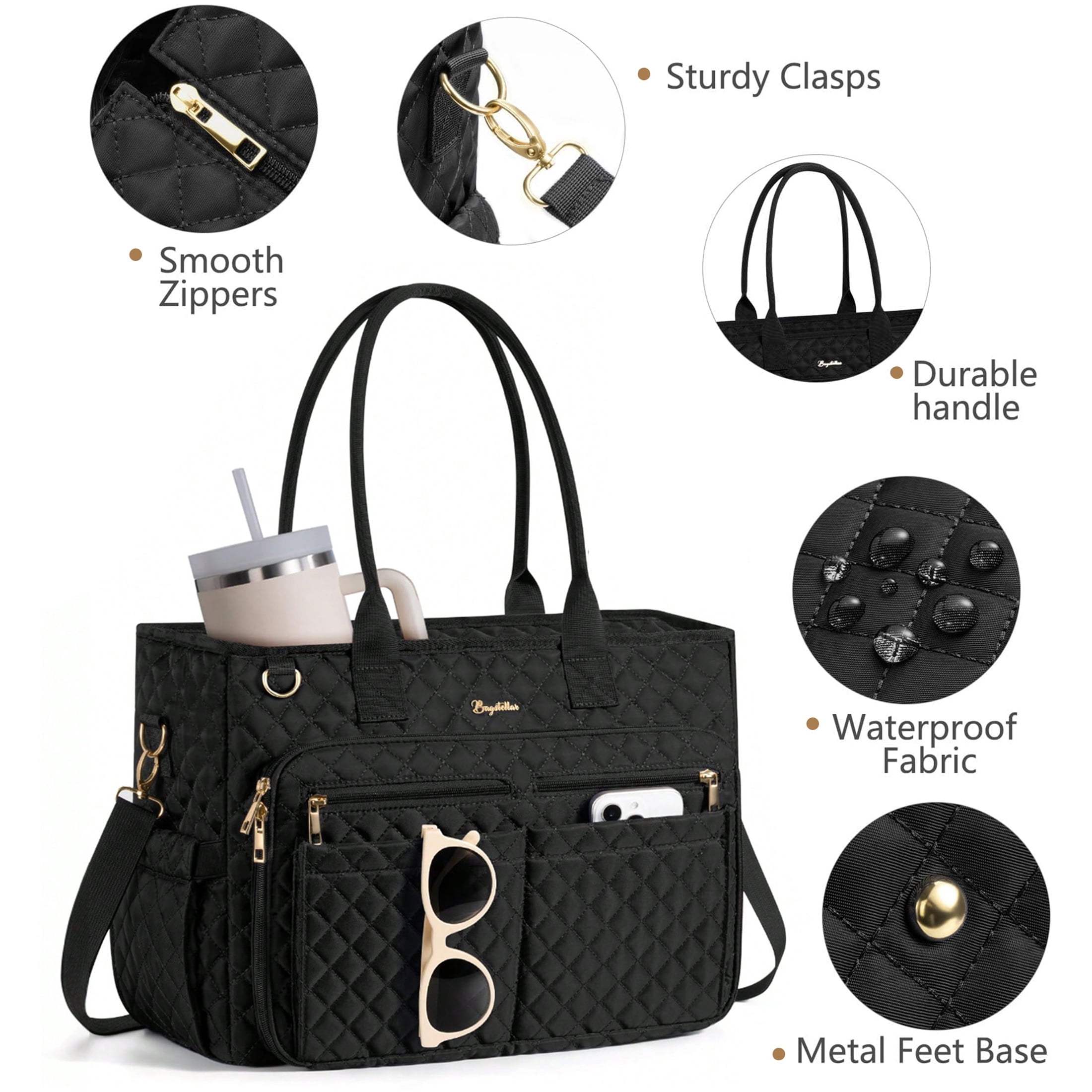 Teacher Tote Bag 15.6 inch Laptop Bag for Women, Work Bags Nurse Bible Bag Quilted Lightweight Laptop Tote Computer Briefcase for School Travel Office College, Black