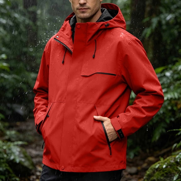 LEKWK Hooded Softshell Jacket for Men Full Zip Lightweight Outdoor Windbreaker, Water Resistant Utility Rain Coat with Zipper Pockets and Adjustable Cuffs for Hiking Travel Red XL