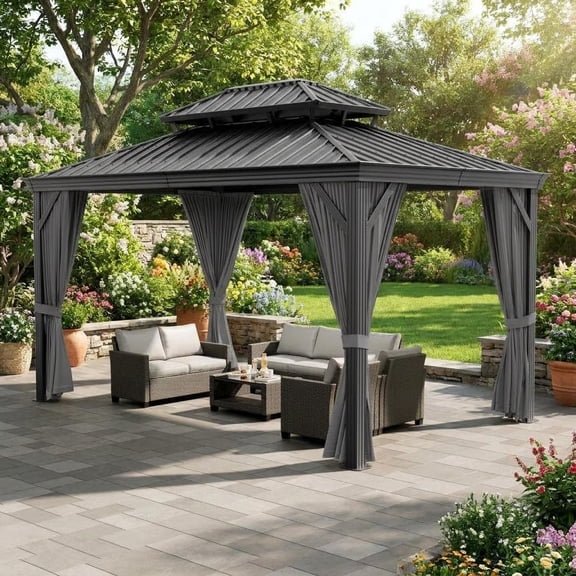Hardtop Gazebo, All-Weather Aluminum Frame Outdoor Pavilion with Double Metal Roof, Removable Netting & Privacy Curtains, Permanent Heavy Duty Canopy Shelter for Patio Deck Backyard Garde