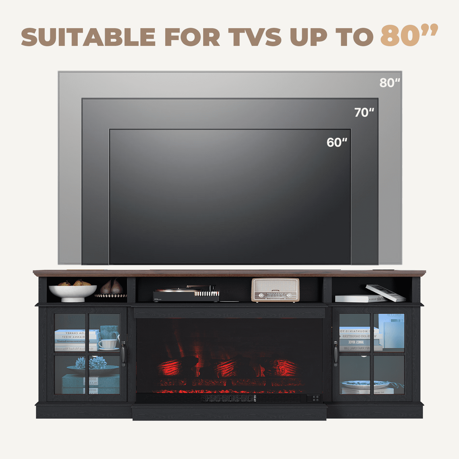 BaPiPro 70" Farmhouse Fireplace TV Stand for TVs Up to 80", Entertainment Center with 3-Sided 36" Electric Fireplace & LED Lights, 2 Drawers & 2 Storage Cabinet, Black