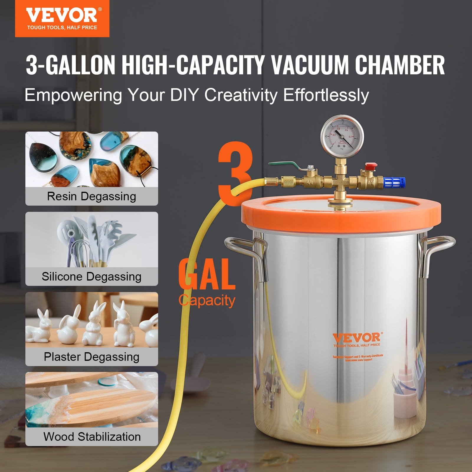 VEVOR 3 Gallon Vacuum Chamber, Upgraded Tempered Glass Lid Vacuum Degassing Chamber, 304 Stainless Steel Chamber, for Stabilizing Wood, Resin Degassing, Silicone Degassing and Plaster Degassing
