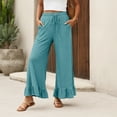 thumbnail image 3 of Palazzo Pants for Women 2026 Trendy Elastic Waist Wide Straight Leg Ruffle Hem Cropped Flowy Beach Pants with Pockets, 3 of 6