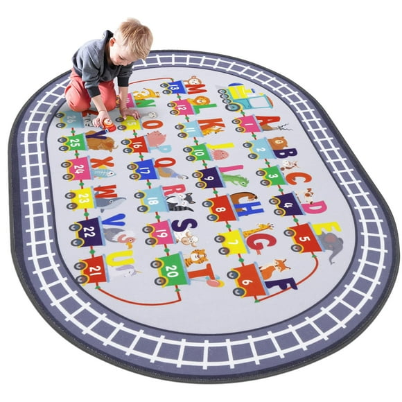 HiiARug Tapis de Jeu pour Enfants Ovale ABC Alphabet Chiffres Tapis Éducatif Train et Route Tapis de Jeu pour Bébé Tapis d'Apprentissage et de Jeu pour Décoration de Chambre à Coucher Salle de Jeux (Gris, 3 Pieds3 Pouces x 5 Pieds)