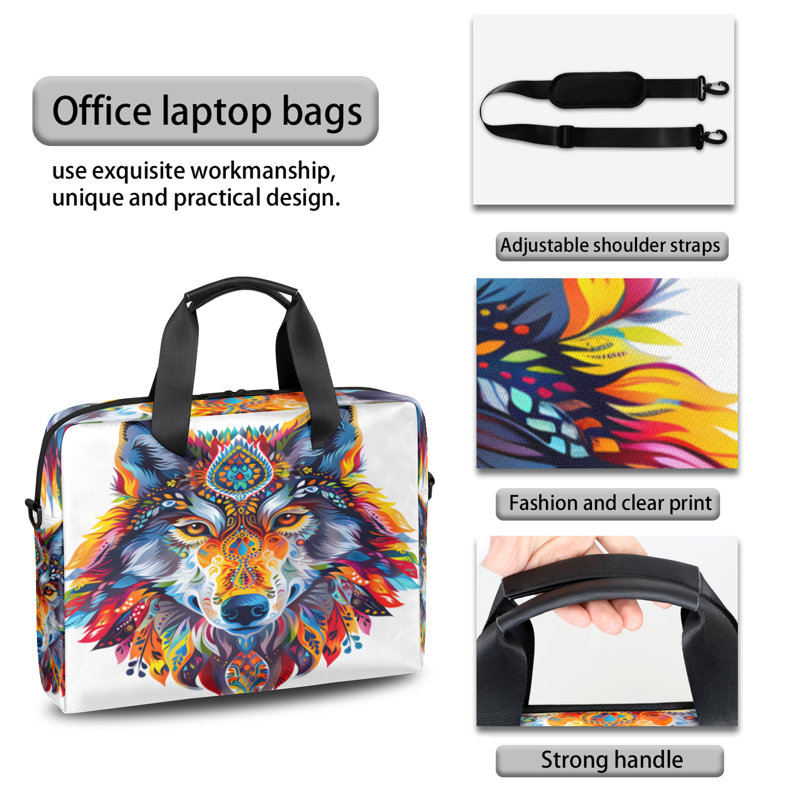 Herdesigns Wolf Laptop Bag for Women Men, Computer Case Briefcase Messenger Bags, 15-15.6 inch Laptop Sleeve Shoulder Bag