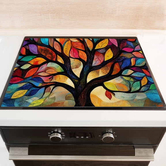Stovetop Cover for Gas Stove Top, Retro Tree of Life Heat Resistant Stove Burner Covers, Square Washable Glass Induction Cooktop Protector Mat for Kitchen RV (28×20 Inch)