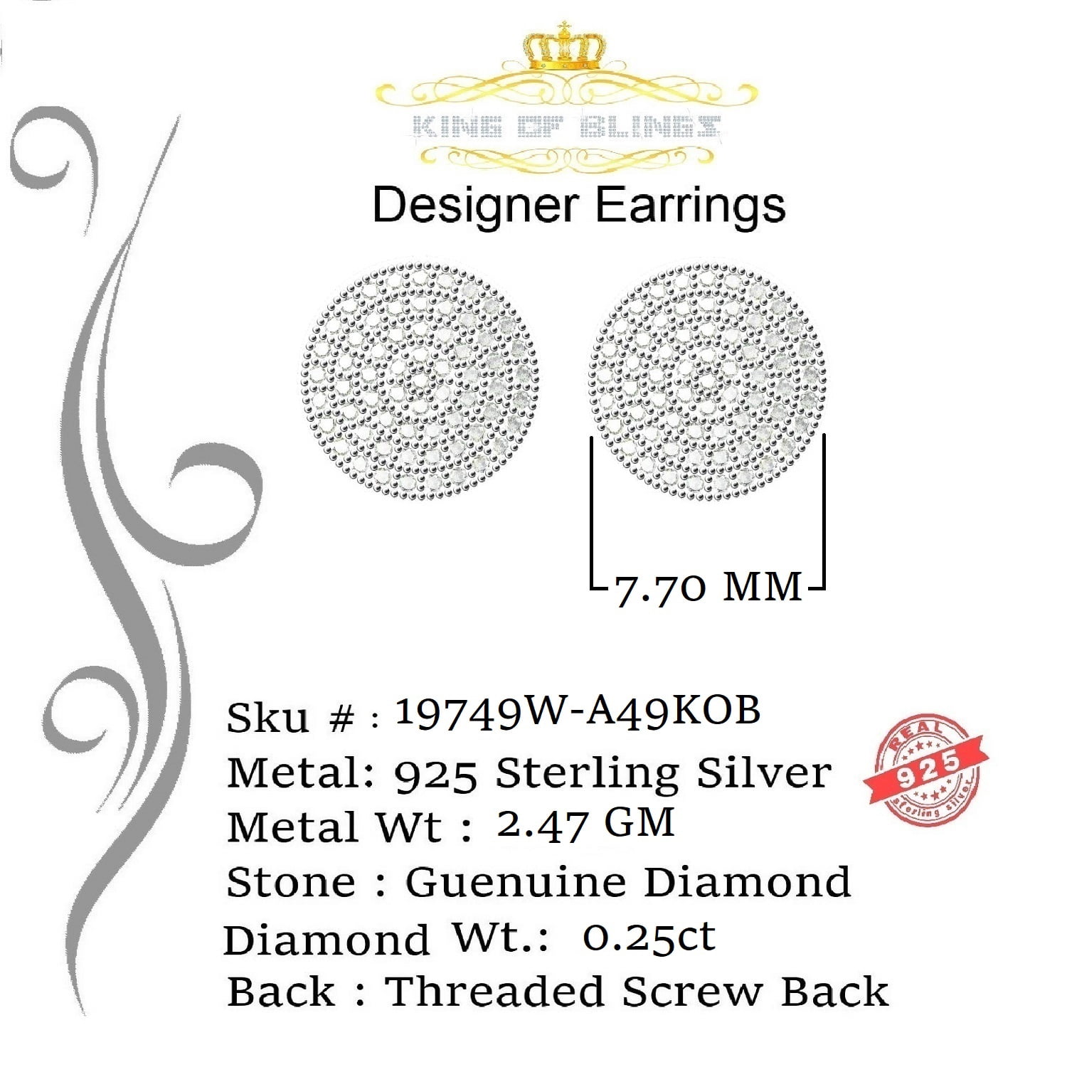 King of Bling's 925 Sterling Silver White 0.25ct Diamond For Men's/Women's Stud Round Earrings