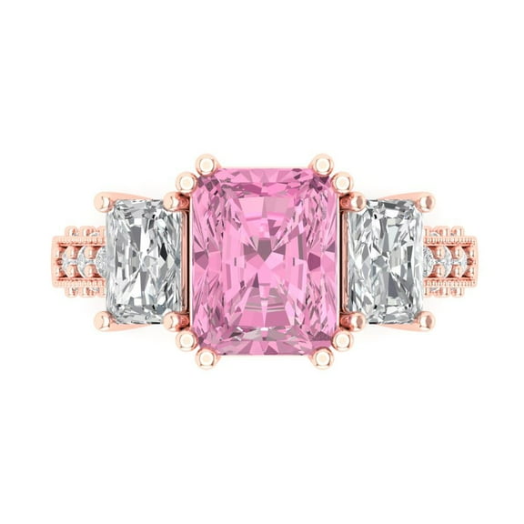 Three-Stone Engagement Ring for Women - 4.27ct Simulated Pink Diamond in 18K Rose Gold Promise Ring