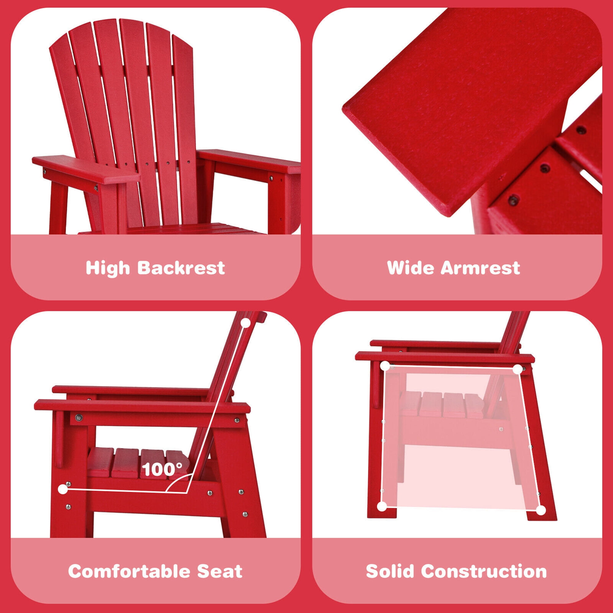 Gymax Set of 2 Kids Patio Adirondack Chair Armchair Weather Resistance Outdoor Chair Red