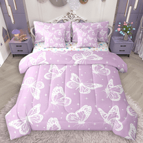 Manfei Purple White Butterfly Twin Bedding Sets 7pcs for Girls, Animal Theme Bedding Comforter Set, Cartoon Wildlife Sheet Sets, Super Cozy Room Decor