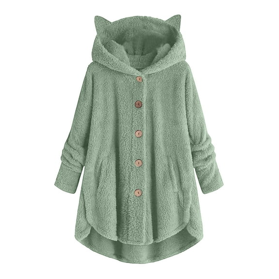 Wensltd Long Sleeve Plush Jacket for Women Hooded Loose Fit Fall Winter Outdoor Button Down Jackets