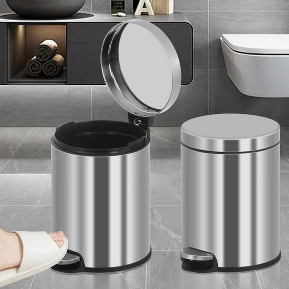 Small Bathroom Trash Can Toilet Trash Bin with Lid Waste Bin 6 L/1.6 Gallon Stainless Steel Trash Can Round Portable Garbage Bin for Bathroom Office Bedroom Rubbish Bin Step-Open, Silver (2 Pack)