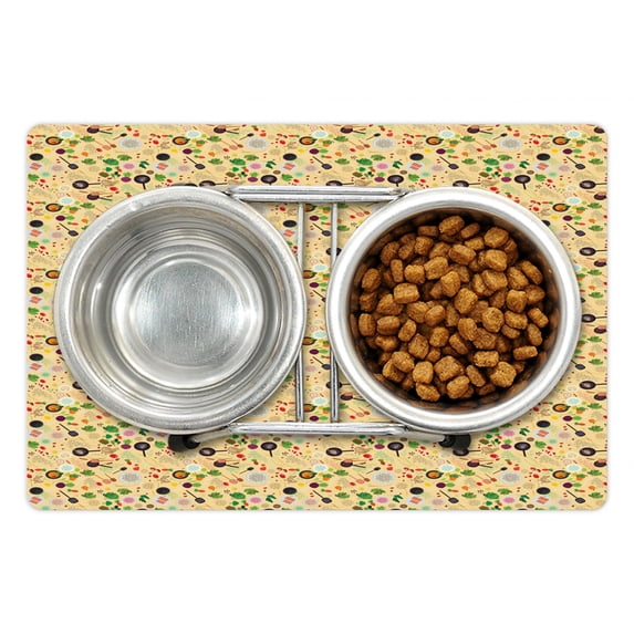 Vegetable Pet Mat for Food and Water, Food Ingredient Cookbook Theme Spices Type of Dish Yummy Gourmet Kitchen Print, Non-Slip Rubber Mat for Dogs and Cats, 18" X 12", by Ambesonne