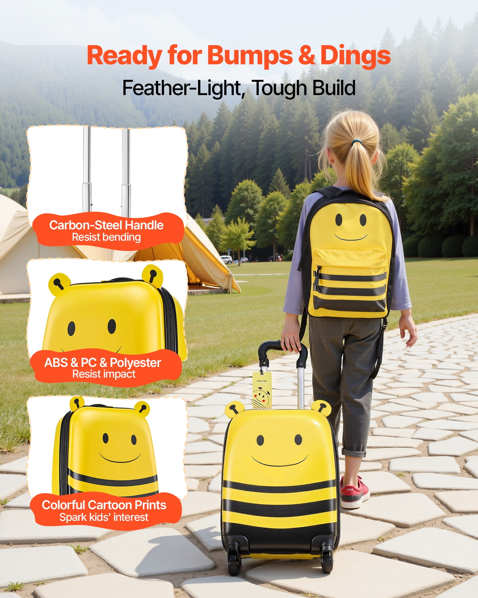 VEVOR Kids Luggage Set, 5 Piece, 18 Inch Hardside Rolling Wheels Suitcase with Backpack & U-shape Pillow, Bee Kids Carry on Luggage Set, Holiday Birthday Gift for Girls Boys, Airline Approved