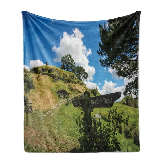 Hobbits Soft Flannel Fleece Throw Blanket, Overhill Hobbit Village in Matamata New Zealand Fantasy Scene House Image Print, Cozy Plush for Indoor and Outdoor Use, 50" x 70", Green Blue, by Ambesonne