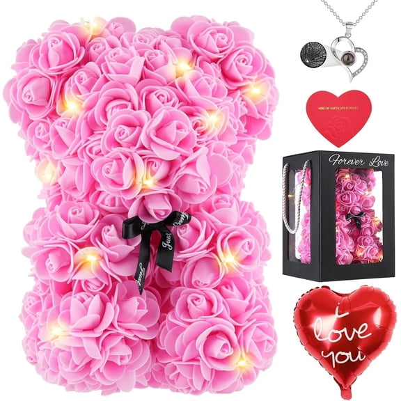 Rose Bear 10 Inch Pink Flower Teddy Bear with Lights I Love You Necklace Card Balloon Birthday Mothers Day for Mom Wife Women Girlfriend