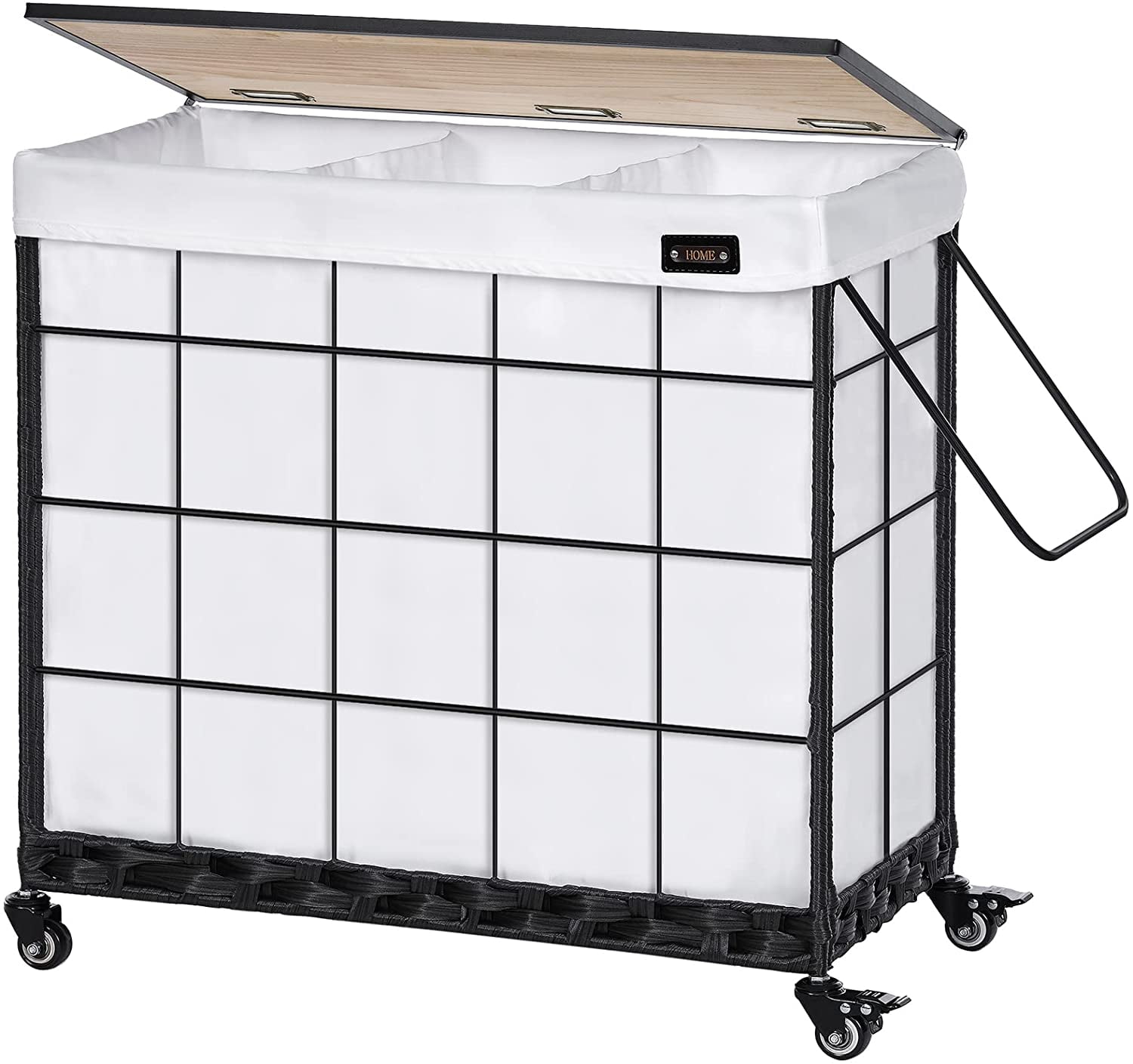 Laundry Hamper with Heavy Duty Caster Wheels; 3 Sections Clothes Hamper