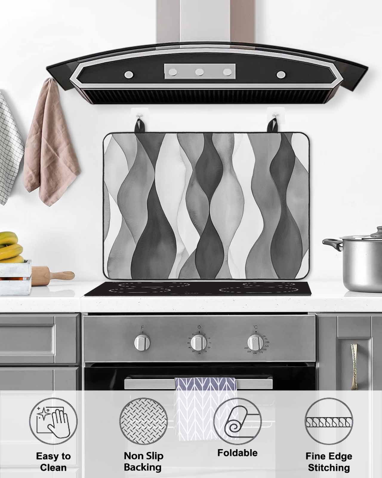 nqOlkjepod Large Induction Cooktop Protector Mat 36"x21", Gray Stripes Stove Top Covers for Electric Stove, Vintage Farmhouse Greyish Ripple Pattern Stove Burner Cover Mats, Glass Top Stove Cover