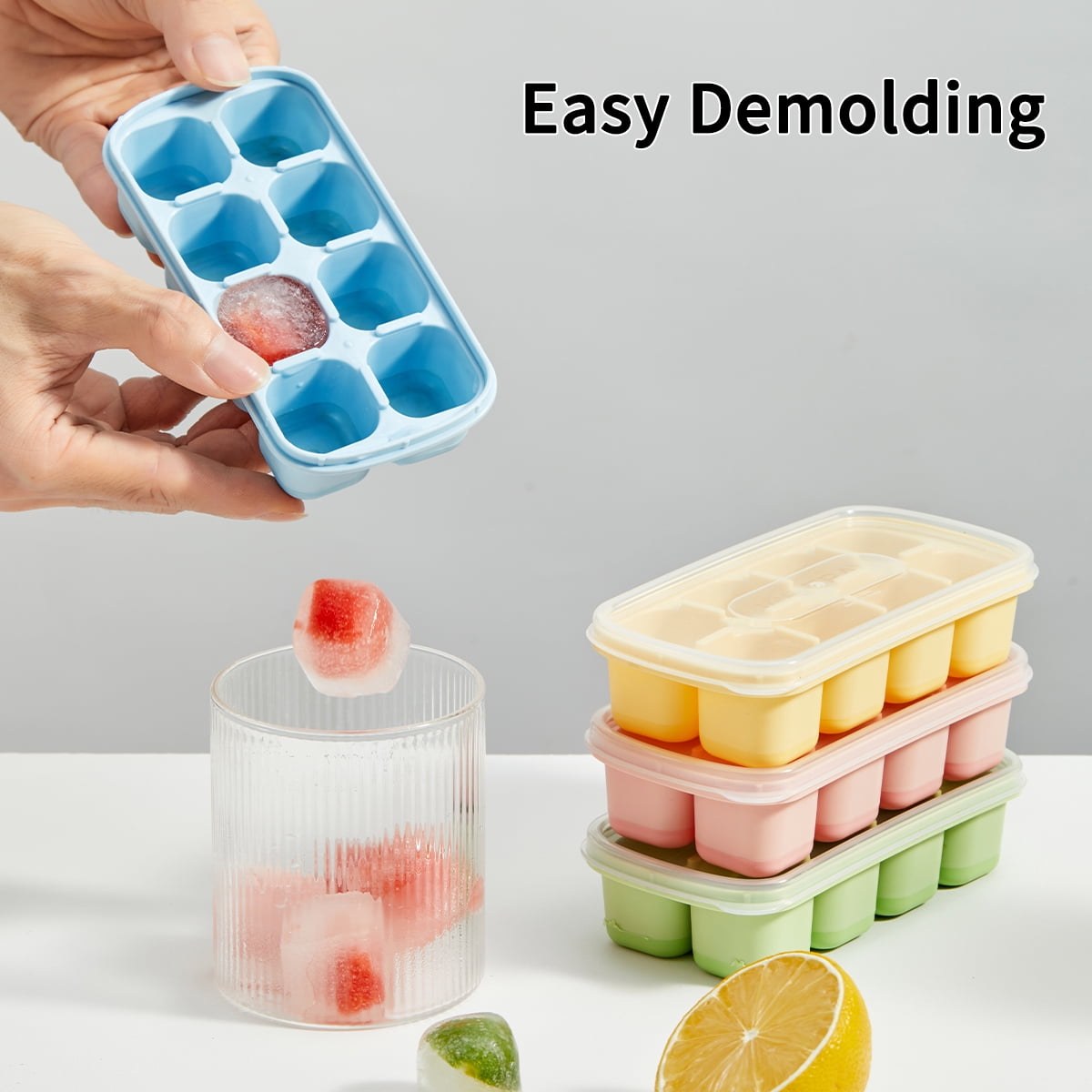 8-Grid Reusable Ice Cube Tray with Lid, Silicone Ice Mold for Bar Tools, Ice Maker for Kitchen Refrigerator Storage