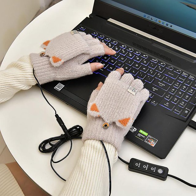 Guantes calefactables USB con dedos de gato (blanco roto) Guantes calefactables de cuerpo completo Guantes de punto para hombre y mujer Guantes de invierno lavables con temperatura ajustable