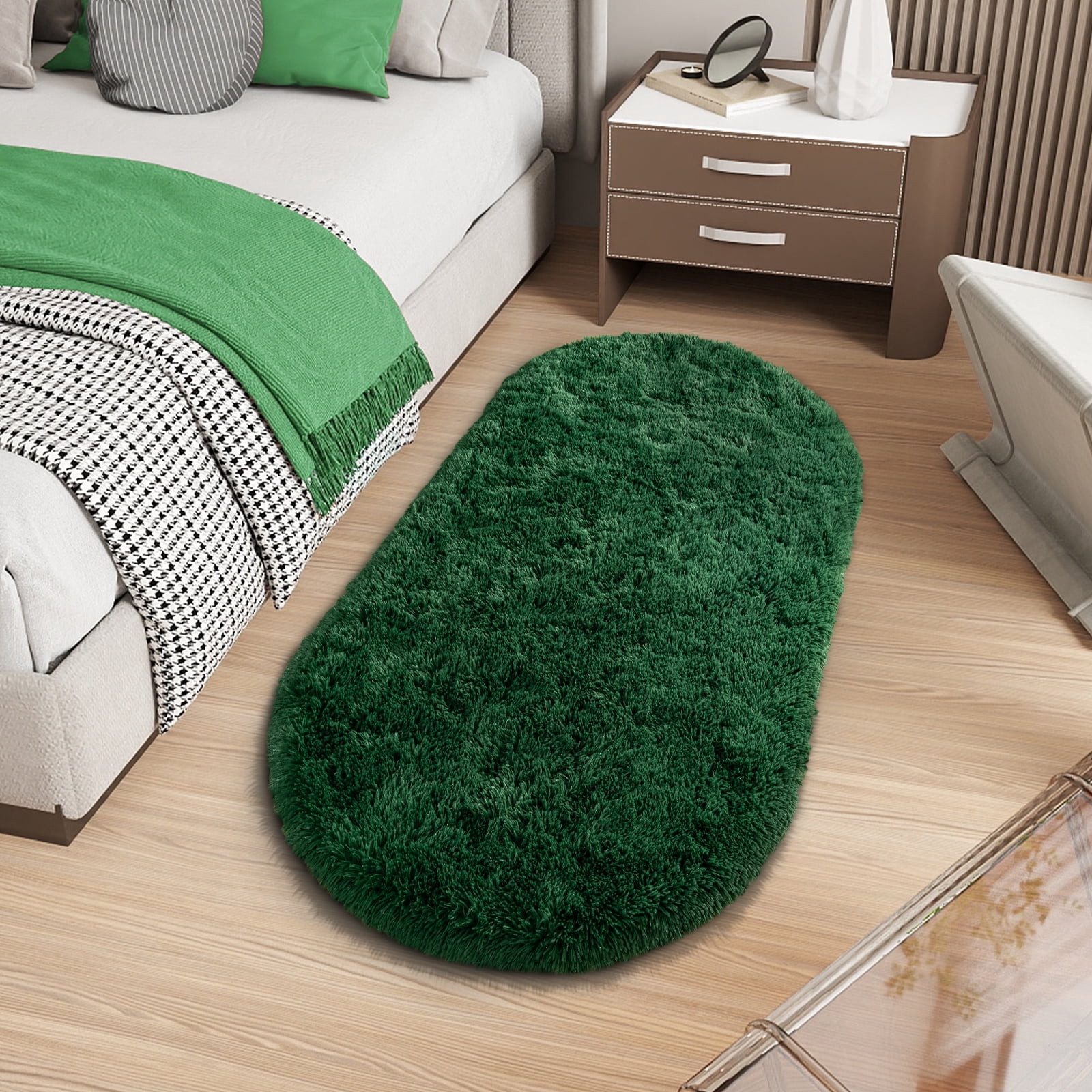 ZENELESS Oval Fluffy Rugs for Bedroom, Modern Plush Shaggy Carpet for Kids Bedside Girls/Boys and Kids Baby Room Home Decor, 2.6 x 5.3ft Dark Green