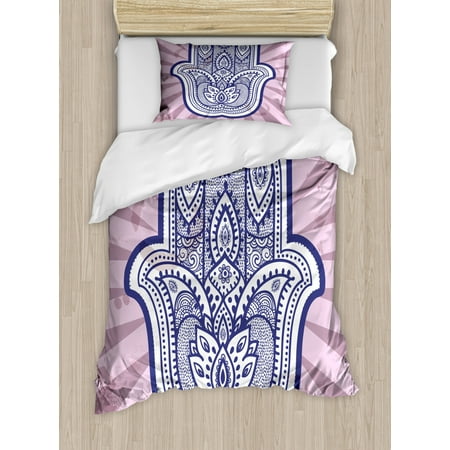 Hamsa Twin Size Duvet Cover Set Hand Drawn Style Turkish Paisley