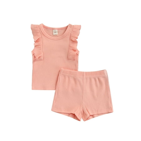 

Nokpsedcb 2Pcs Infants Baby Girls Sweet Style Outfit Toddlers Summer Solid Color Round Collar Lace Splicing Sleeveless Tops Shorts Set Pink 18-24 Months
