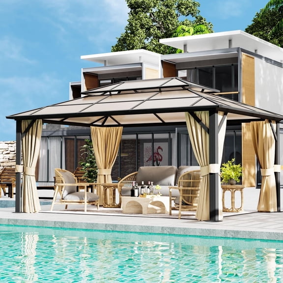 Sunmthink 12x16 ft. Outdoor Hardtop Gazebo, Polycarbonate Double Roof Gazebo Aluminium Frame Canopy with Netting and Curtains, Brown