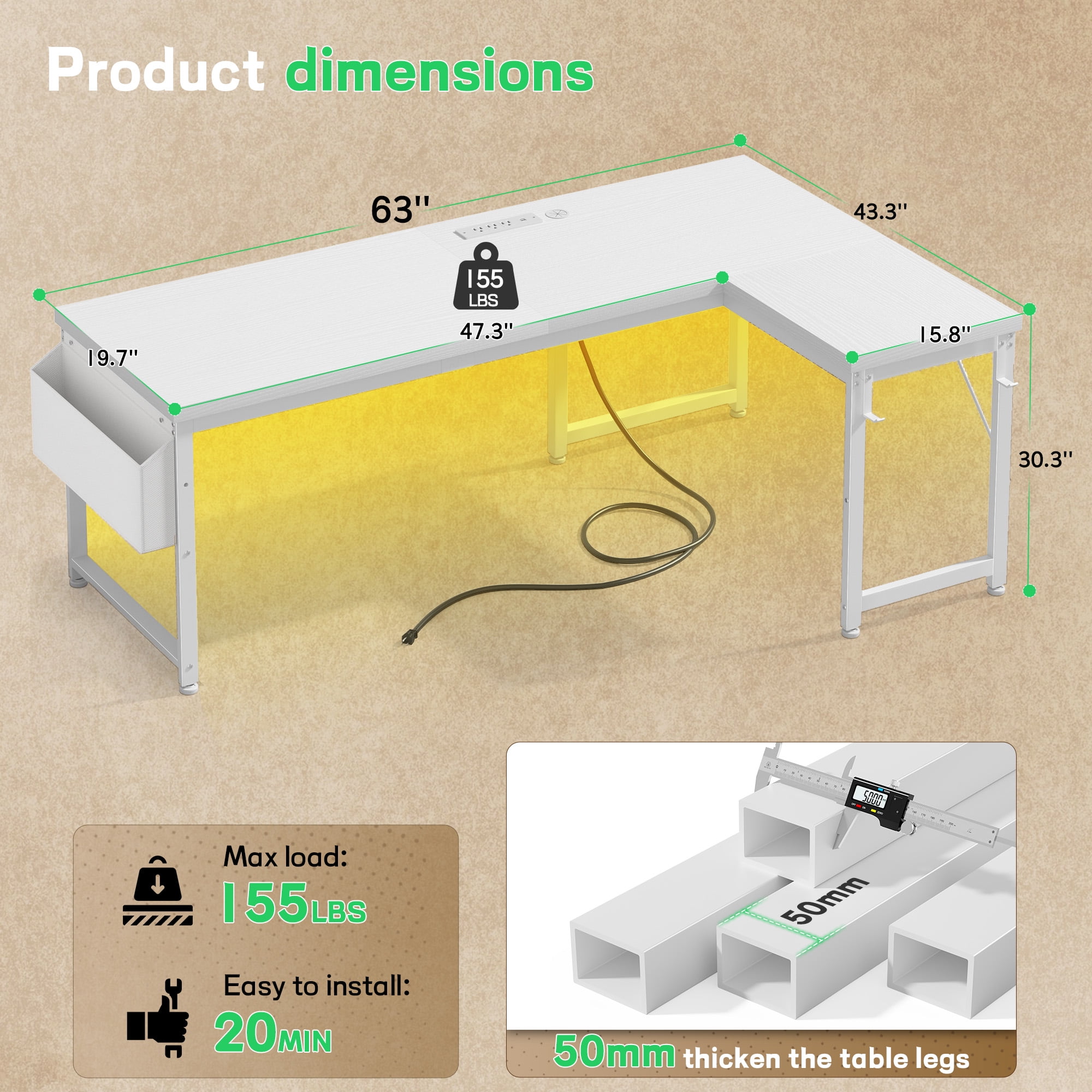 EnHomee Computer Desk with Storage Reversible Gaming Desk with Outlets L-Shaped Desk with LED Lights,White