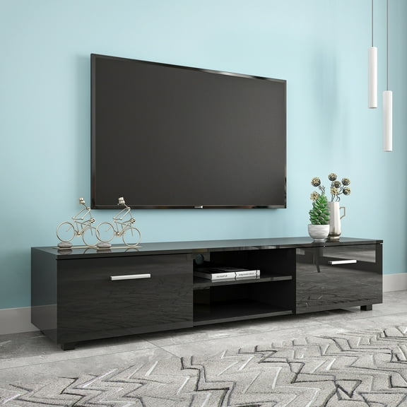 Modern TV Stand for TVs up to 70 inch, Wood TV Cabinet with Double Doors with Storage and 2 Open Shelves, Media Entertainment Center Console Table, for Living Room, Bedroom, Black, D4653
