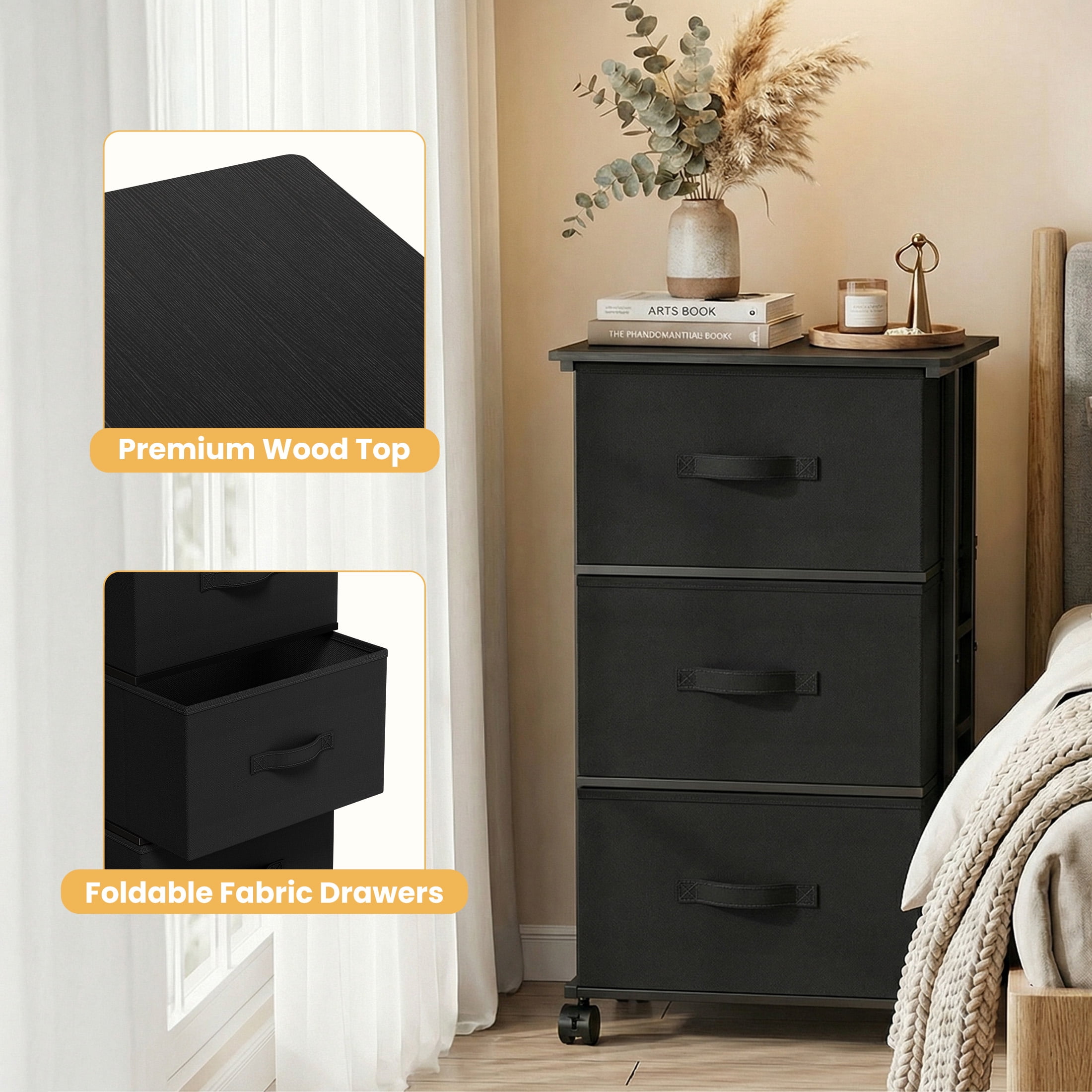 CONCETTA Dresser Storage with 3 Drawers, Storage with Wheels for Bedroom, Home Office, Black