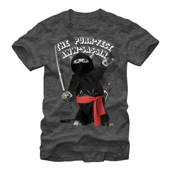 Men's Lost Gods Perfect Aww-sassin Ninja Kitten Graphic Tee Charcoal Heather 2X Large