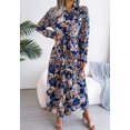 thumbnail image 2 of Botanical Print Collar Neck Front Button Down Long Sleeves Belted Waist Dress Navy Small, 2 of 4