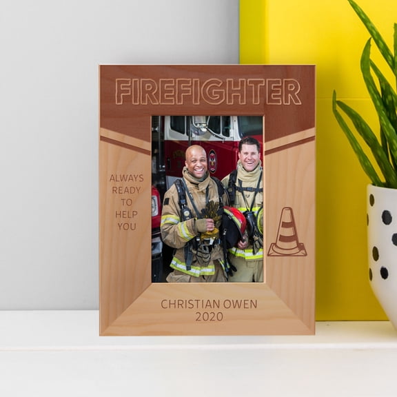 Firefighter Always Ready To Help You Personalized Wooden Frame 3 1/2" x 5" Brown (Vertical)