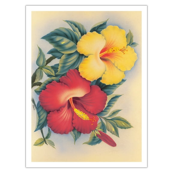 Hawaiian Hibiscus - Hawai’i State Flower - Vintage Hawaiian Airbrush Art by Eve Hawaii c.1940s - Bamboo Fine Art 290gsm Paper Print (Unframed) 24x32in