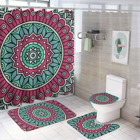 Mandala Bathroom Set, Bathroom 4-piece Set - 29" X 17.5" Mats & 72" Shower Curtain with 12 Hooks, Bath Accessory for Home Use or Bathroom Decor
