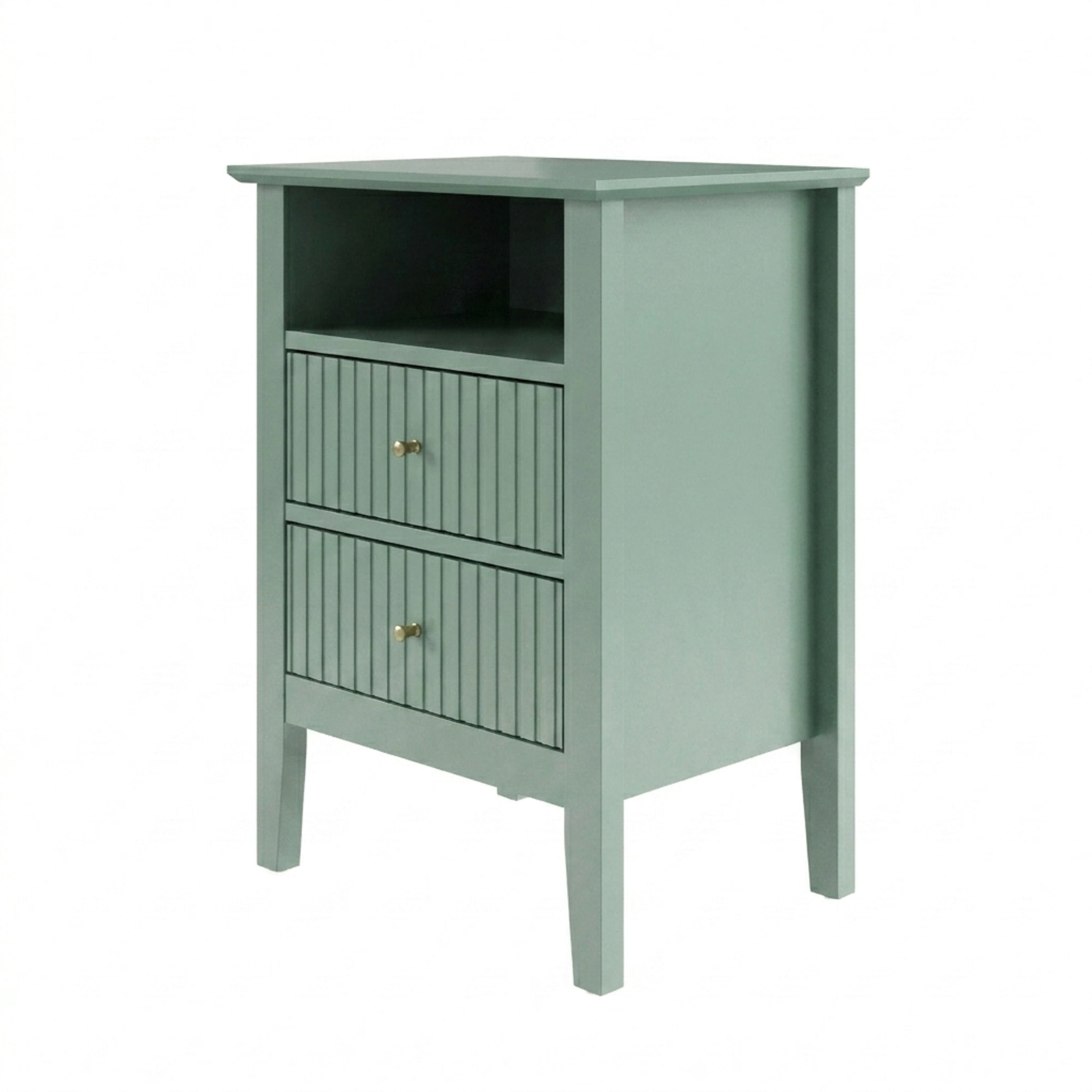 18" Green Fluted Nightstand, 2-Drawer Modern Side Table with Gold Knobs, Soft-Close Drawers & Anti-Tip Kit, P2 MDF Storage Cabinet for Bedroom Living Room