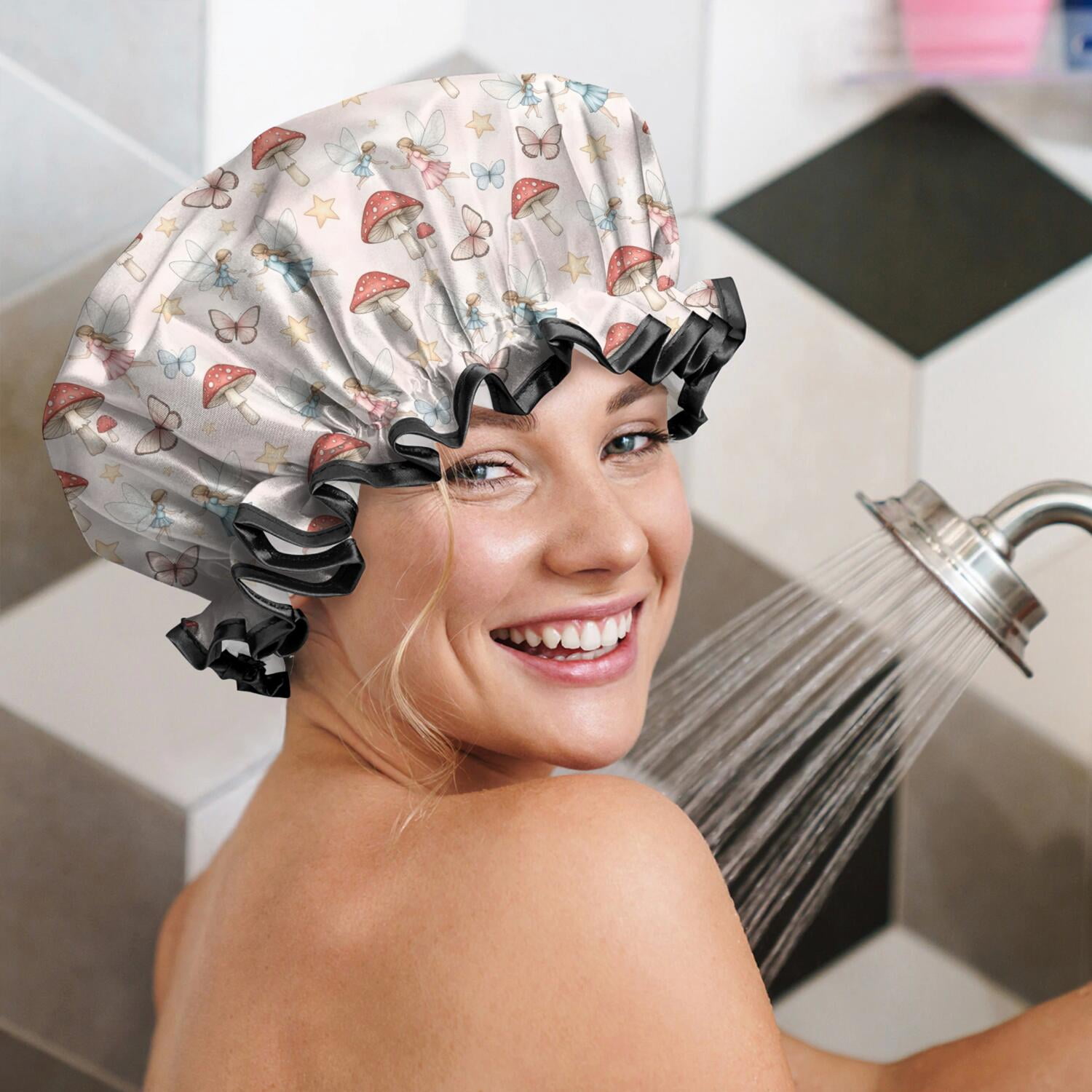 Shower Caps,Mushroom Fairy Princess Pattern Waterproof Shower Cap for Women 4 Pieces,Double Reusable Hair Cover for Shower PEVA Elastic Stretch Hem