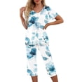 thumbnail image 1 of Pantalones de Mujer Traje de Ocio de Manga Corta con Cuello en V Y Pantalones Recortados Set de Impresión para Casual Y Deporte, 1 of 5