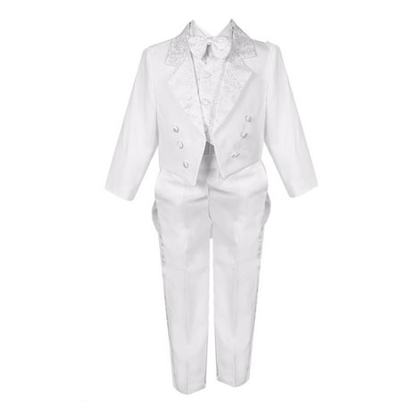 Little Boys White 5 Piece Vest Pants Tail Jacket Jacquard Tuxedo Suit