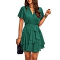 thumbnail image 2 of OUSIMEN Women Casual Mini Dress Deep V-Neck Short Sleeve Waist Tie Ruffle Chiffon Elegant Short Swing Skater Dresses, 2 of 6