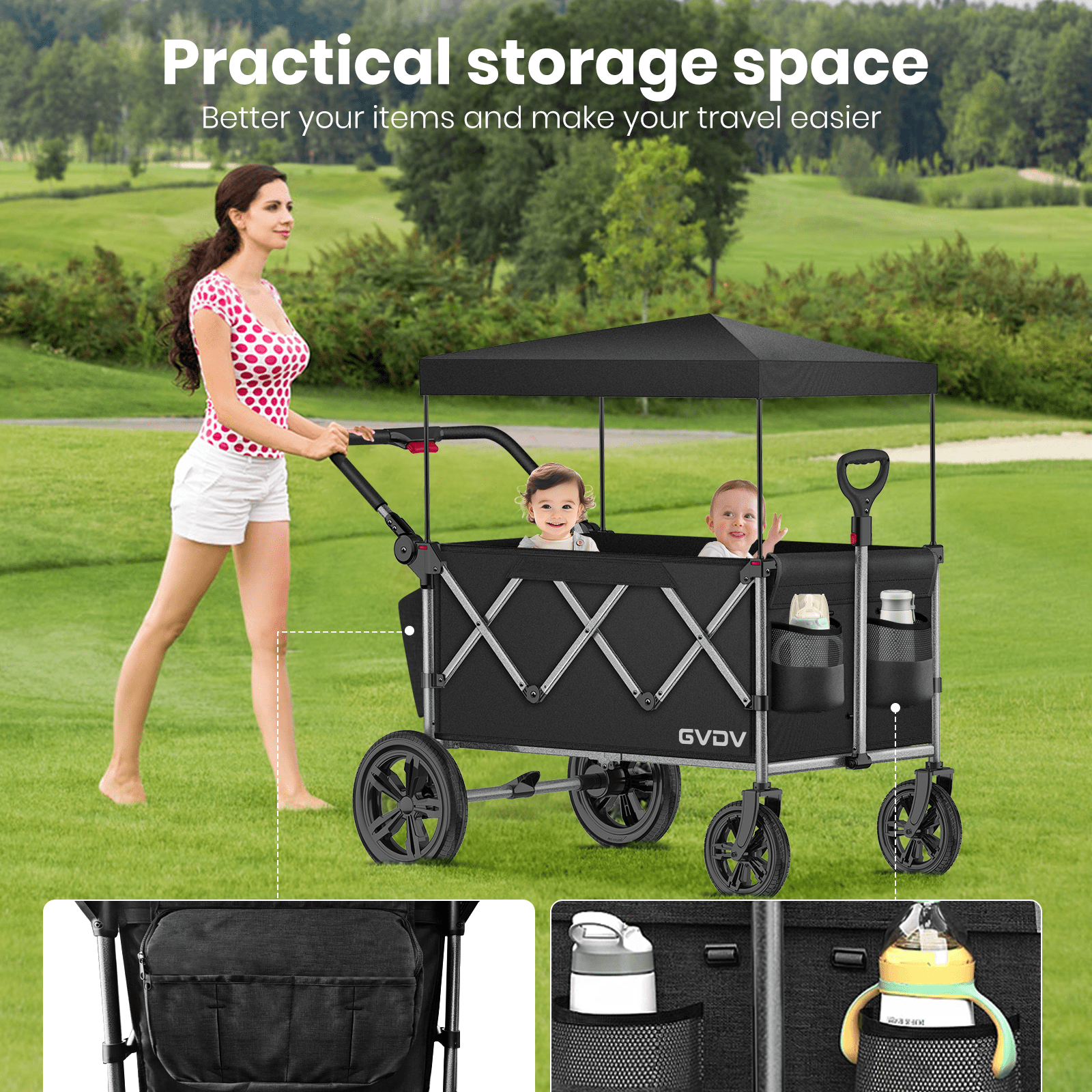 GVDV Toddler All-Terrain Stroller Wagon, 2-Seater Folding Wagon GVDV Toddler All-Terrain Stroller Wagon, 2-Seater Folding Wagon