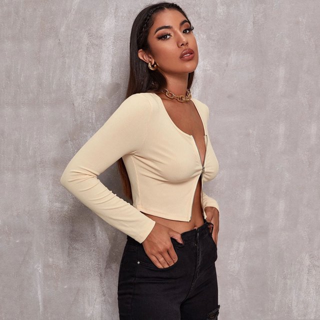 Pntutb Mujeres Sexy Retro Cremallera top Tee Turn-Down Collar Manga larga Mujer Blusa Liquidación Pntutb Pntutb-531